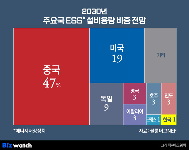 2030년 주요국 ESS 설비용량 비중./그래픽=비즈워치