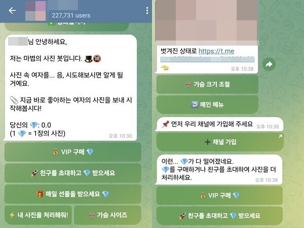 22만여명이 참여한 딥페이크 성착취 텔레그램방. 인공지능(AI)이 만든 여성 사진을 넣으니 5~7초 만에 성착취물이 제작됐다. 텔레그램방 갈무리