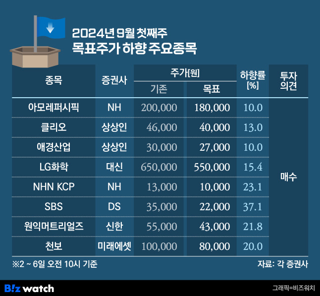 청기홍기 목표주가 하향 종목/그래픽=비즈워치