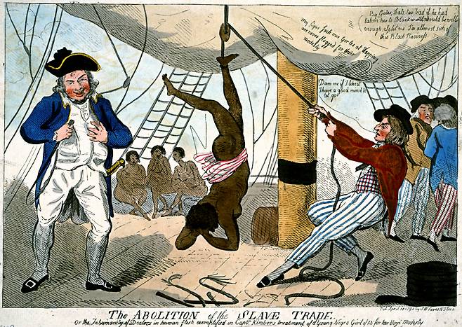 아이작 크뤽섕크(Issac Cruikshank), 선장 존 킴버가 흑인 소녀를 대하는 태도, 1792, 런던에서 발행된 책 속 삽화