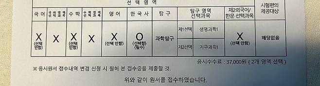 A parent shares a photo, claiming they registered for the science section to boost their child's Exploratory Science score. /Naver's online community