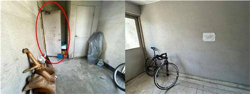 송파구의 한 아파트 계단에 자전거 등이 놓여있고, 방화문(붉은색 원)도 열려있다. [촬영 김연수]