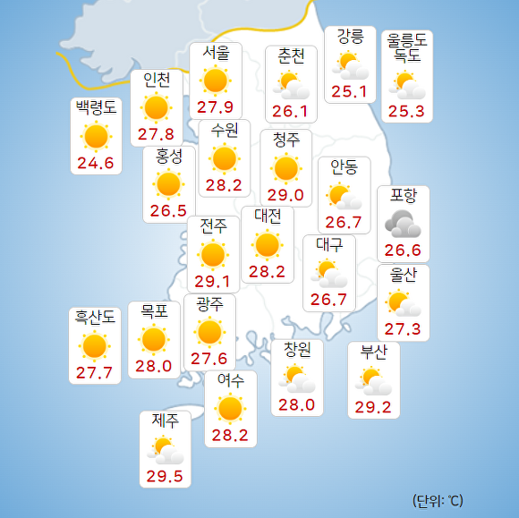 9일 오전 9시 현재 전국 날씨. [사진=기상청 날씨누리]