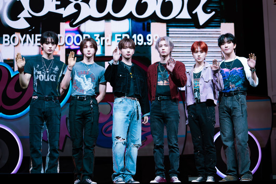 Boy band BoyNextDoor poses for photos during a showcase held on Sept. 9 for its third EP ″19.99″ in central Seoul. [DANIELA GONZALEZ PEREZ]