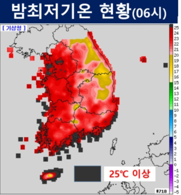 10일 아침 간밤 열대야 현황. 기상청 제공