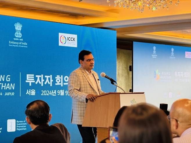 Rajasthan’s Chief Minister Bhajan Lal Sharma speaks at a roadshow of the Rising Rajasthan investors’ meet at Lotte Hotel in Jung-gu, Seoul on Monday. (Sanjay Kumar/ The Korea Herald)