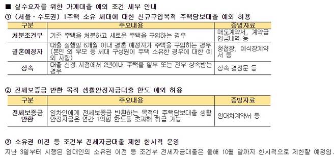 KB국민은행의 가계대출 예외 세부 조건.    KB국민은행 제공