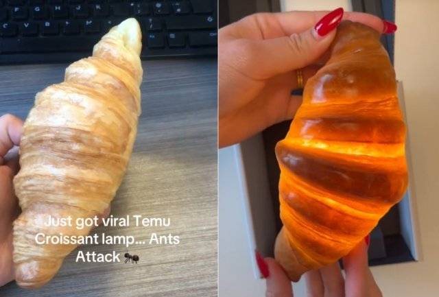 테무에서 구입한 크루아상 조명(왼쪽), 테무에서 판매 중인 크루아상 모양 조명에 불을 켠 모습(오른쪽). [틱톡]