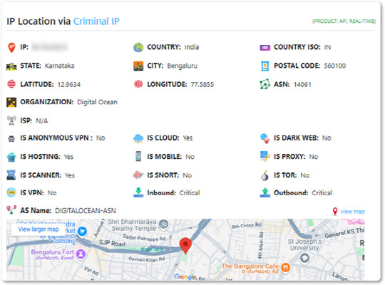 Criminal IP API가 연동된 IPLocation.io의 IP Lookup 결과 화면