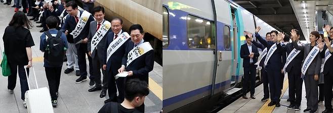 김기현 국민의힘 대표와 윤재옥 원내대표 등 지도부가 지난해 9월27일 서울 중구 서울역에서 귀성길 시민들에게 인사하고 있다(왼쪽 사진). 홍익표 더불어민주당 원내대표와 지도부가 같은 날 서울 용산구 용산역 철도승강장에서 귀성객들에게 인사를 하고 있다. 연합뉴스·김혜윤 기자 unique@hani.co.kr