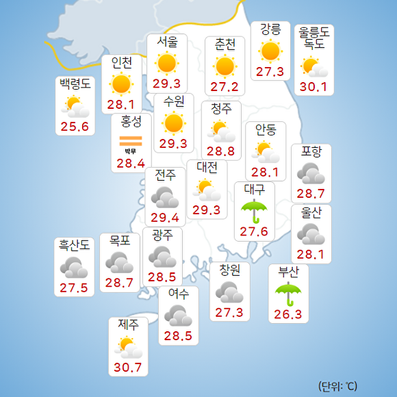 11일 오전 9시 현재 전국 날씨. [사진=기상청 날씨누리]