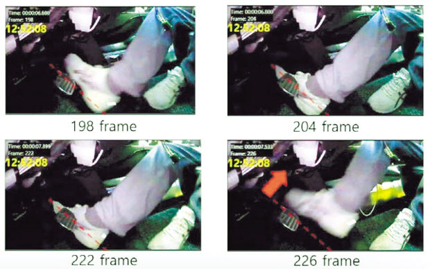 작년 11월 발생한 급발진 주장 사고 차량의 페달 블랙박스 영상 일부. 당시 운전자는 “브레이크를 밟았다”고 했지만 실제로는 가속 페달을 밟고 있다. [유엔유럽경제위원회(UNECE) 자료]