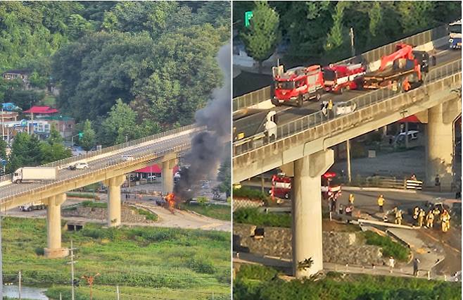 3일 오전 강릉대교에서 추돌사고 여파로 15m 아래로 추락한 포터 차량에 화재가 발생해 2명이 숨졌다. 독자 제공