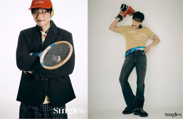 잡지 ‘싱글즈’의 화보 속 배우 김성철. ‘스포티 룩’을 콘셉트로 한 이 화보에서 그는 붉은색 야구 모자 위로 연두색 유선 헤드셋을 착용했다(왼쪽 사진). 빈티지 하키 글러브도 소품으로 활용했다. '싱글즈 코리아' 제공