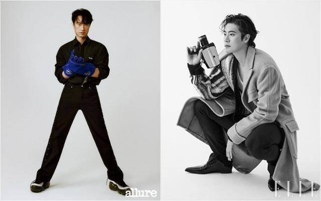 잡지 ‘얼루어’와 함께한 화보. 배우 김병철이 낀 파란 장갑은 용접 장갑이다(왼쪽 사진). 배우 차서원의 손엔 빈티지 영상 촬영용 카메라를 들리기도 했다. 박선용 스타일리스트의 소장품이 화보에서 중요한 포인트로 활용된 사례들이다. '얼루어 코리아'·'엘르 코리아' 제공