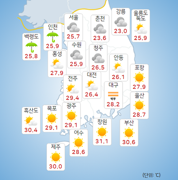 13일 오전 9시 현재 전국 날씨. [사진=기상청 날씨누리]