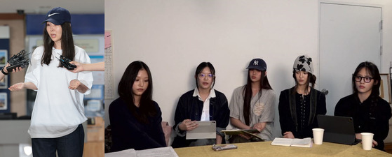 Min Hee-jin, former CEO of ADOR at left, and girl group NewJeans holding a YouTube livestream [YONHAP, SCREEN CAPTURE]