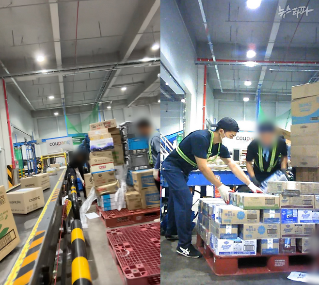 지난 8월 21일 촬영한 쿠팡 제주 서브허브의 내부 모습. 일용직 노동자들이 배송 상품이 담긴 박스를 컨베이어벨트 위에 올려 놓고 있다. 오른쪽 사진에서 모자이크 처리되지 않은 사람이 뉴스타파 취재진이다.