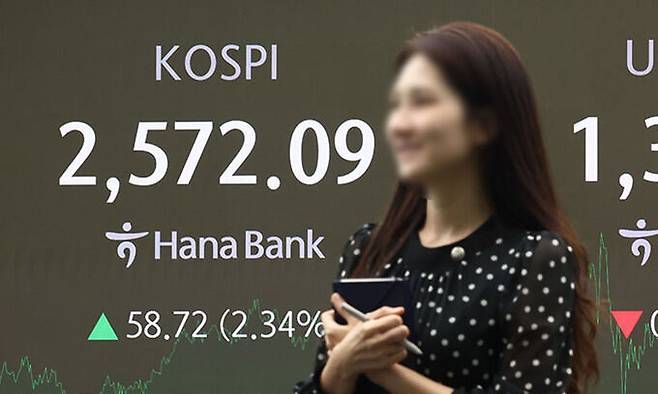 12일 서울 중구 하나은행 본점 딜링룸 전광판에 코스피 지수 등이 표시되고 있다. 연합뉴스