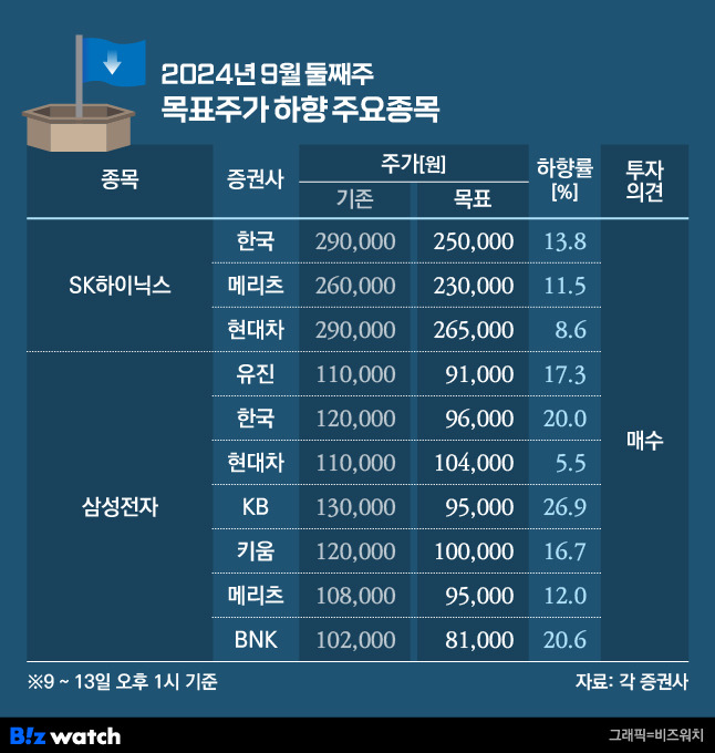 청기홍기 목표주가 하향 종목/그래픽=비즈워치