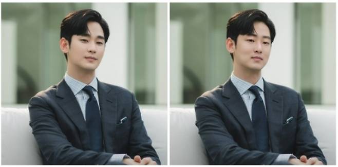 '눈물의 여왕'의 백현우(배우 김수현)와 이미지 합성을 한 기자 사진.