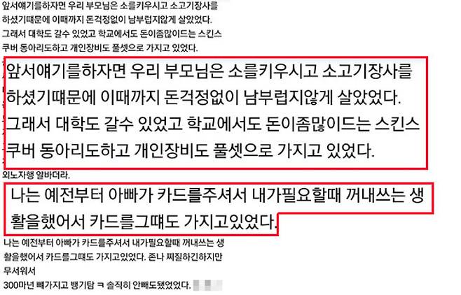 김민국 씨가 온라인 커뮤니티 '일베'에 남긴 글. 부친의 경제적 무능을 주장하는 것과 배치된다. 유족 측 제공