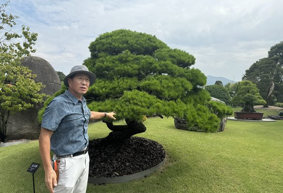 베어트리파크 이선용 대표가 분재전시회에서 선보일 분재를 설명하고 있다. [사진 베어트리파크]