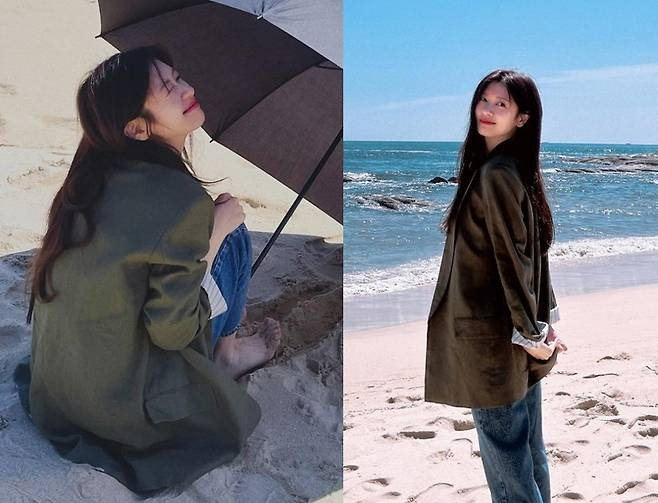 정소민이 블레이저 걸치고 낭만적인 바닷가 산책룩을 선보였다. 사진=SNS