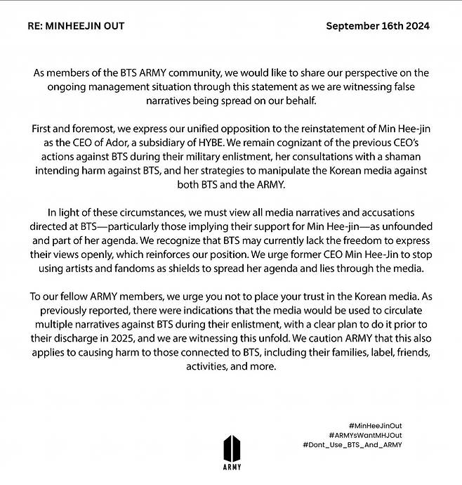 Statement released by a group identifying itself as part of the BTS Army community on X, Monday, expressing its unified stance against Min’s return as the CEO of Ador, (BTS ARMY Community's X)