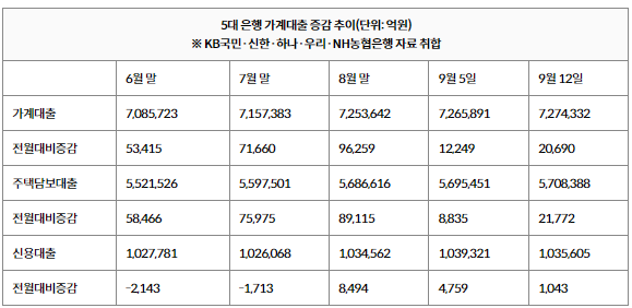 5대 은행 가계대출 증감 추이(단위: 억원)/사진=연합뉴스