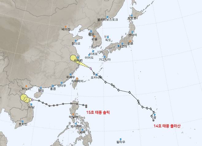 ©기상청: 중국 상하이로 이동 중인 2024년 제14호 태풍 ‘풀라산’-제15호 태풍 솔릭(SOULIK) 현재 위치와 이동 예상경로