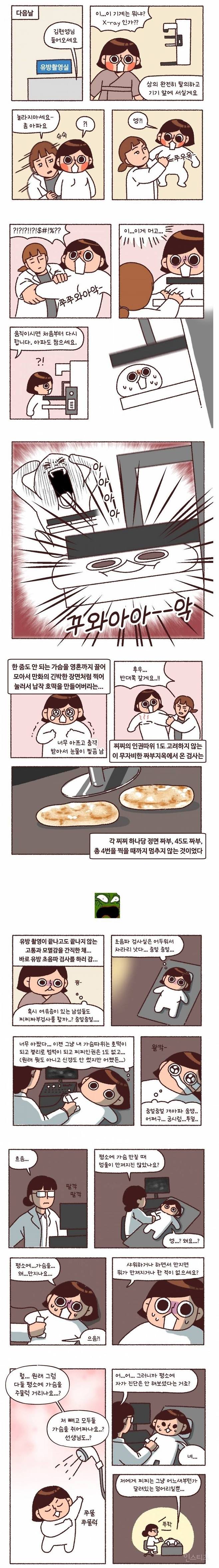 e5bb1ec727a941d3ae79dc2f1493b5d2.jpg 가슴을 호떡처럼 쥐어짠다는 유방암 검사.manhwa