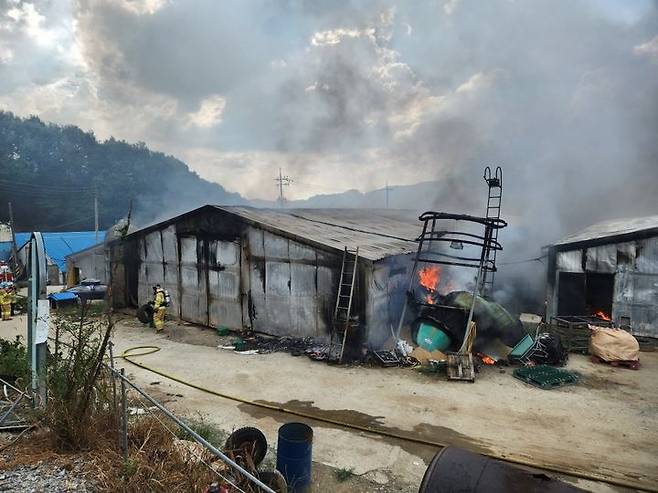 [부여=뉴시스] 지난 18일 오후 2시32분께 충남 부여군 임천면 점리의 한 양계장에서 불이 나 연기가 피어 오르고 있다. (사진=부여소방서 제공) 2024.09.18. *재판매 및 DB 금지