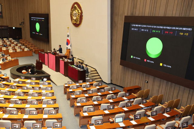 19일 국회 본회의에서 '김건희 여사 특검법'이 여당 의원들이 퇴장한 가운데 야당 단독으로 통과되고 있다. 연합뉴스