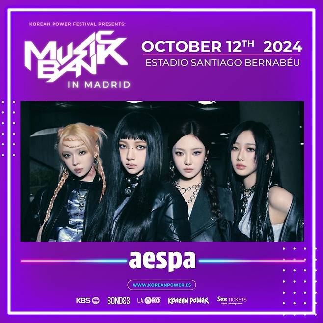 Poster for "Music Bank in Madrid" featuring aespa (Korean Power)