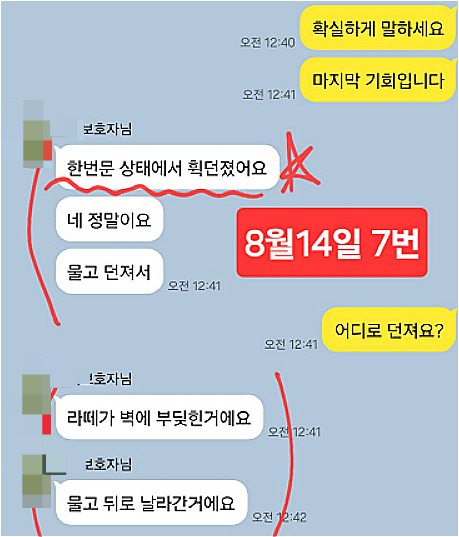 이후 전문가들 소견을 들며 재차 유정씨가 따지자, 수민씨는 말을 바꿔 "자신의 개가 라떼를 한 번 문 상태에서 휙 던져 벽에 부딪혔다"고 했다./사진=라떼 구조자 김유정씨