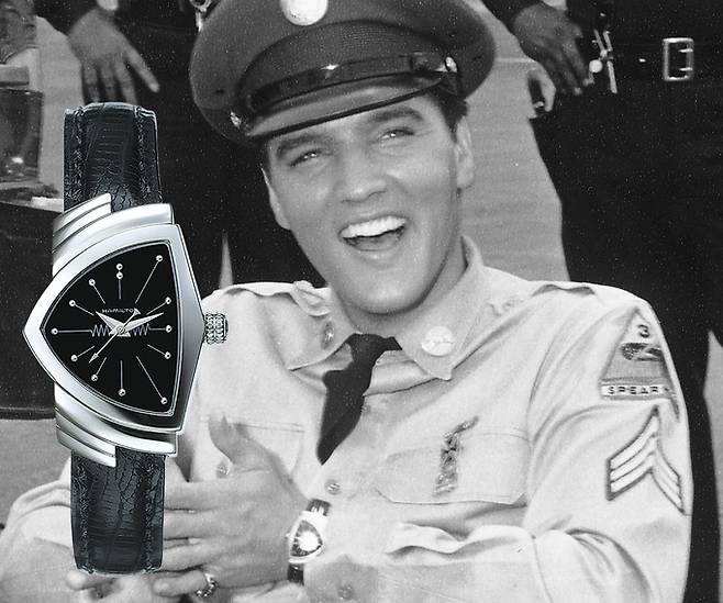 전설적인 로큰롤 가수 엘비스 프레슬리가 애용했던 해밀턴(Hamiton) 벤추라 시계. 현재 드물게 존재하는 삼각형 디자인 케이스 시계다.