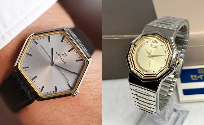 제니스(Zenith)와 세이코(Seiko)의 빈티지 모델. 각각 육각형과 십각형 케이스 디자인을 적용한 실험적인 제품.