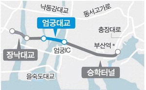 부산 강서구 명지동과 사상구 엄궁동을 잇는 엄궁대교 위치도. 국제신문 DB