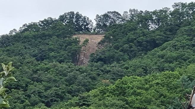 풍력발전 공사현장에서 인근 실업1리 마을 방향으로 토사가 쏟아졌다. ⓒ 시사저널