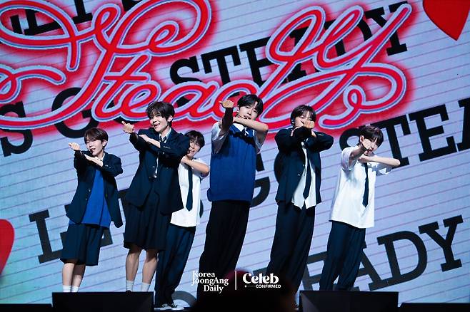 Boy band NCT Wish performs lead track ″Steady″ during a press showcase Tuesday at the Blue Square in central Seoul. [DANIELA GONZALEZ PEREZ]