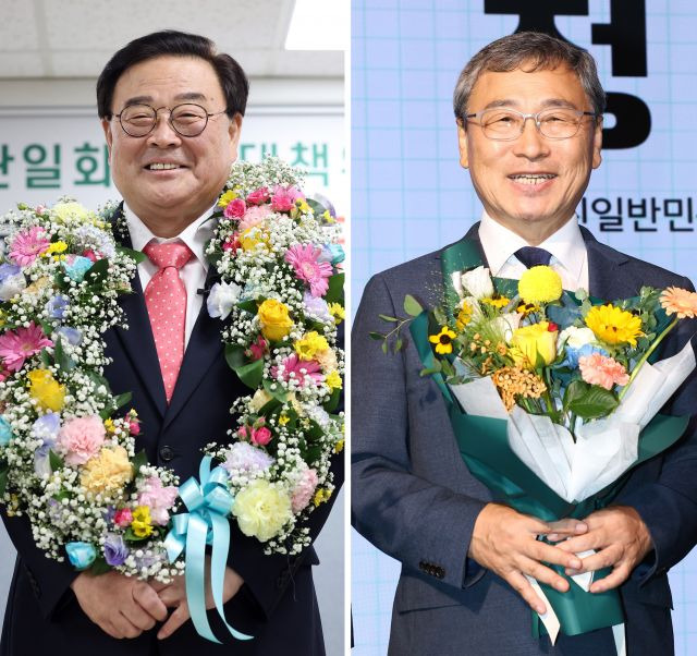 왼쪽부터 서울시교육감 보궐선거에 중도우파 단일 후보로 추대된 조전혁 전 한나라당 의원과 진보진영 단일화 후보로 확정된 정근식 서울대 명예교수. 연합뉴스