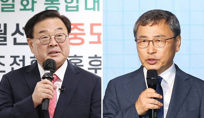 10월 16일 서울시교육감 보궐선거에 중도우파 단일 후보로 추대된 조전혁(왼쪽) 전 한나라당 의원과 진보진영 단일화 후보로 확정된 정근식 서울대 명예교수가 25일 각각 여의도 산림비전센터과 마포구 가온스테이지에서 단일화 후보로 확정된 뒤 소감을 말하고 있다. [연합]