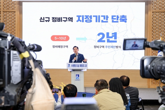 이재준 수원시장이 지난 5월 ‘수원형 도심 재창조 2.0 프로젝트’를 발표하고 있다. (수원시 제공)