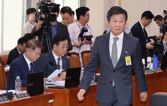 ▲ 정몽규&nbsp;대한축구협회장과 홍명보 축구 국가대표팀 감독이 24일 서울 여의도 국회에서 열린 문화체육관광위원회 전체회의에 출석하고 있다. ⓒ&nbsp;연합뉴스