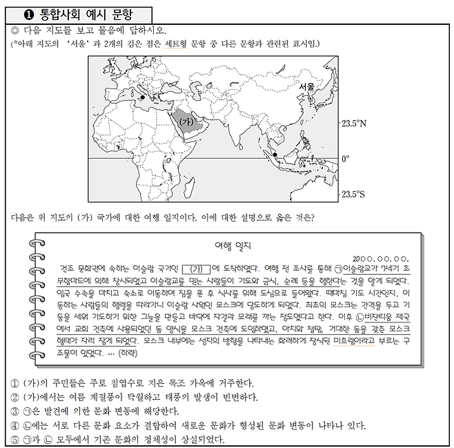 교육부와 한국교육과정평가원이 26일 공개한 2028학년도 통합사회 예시 문항.  교육부 제공