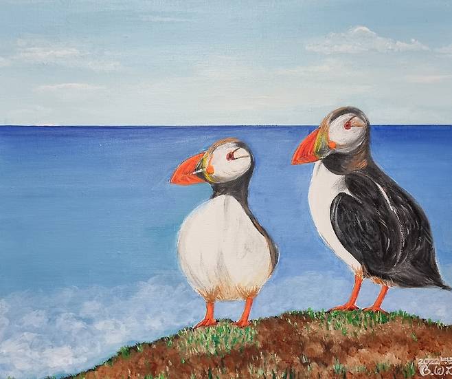 이병욱 박사의 작품 <끝까지 사랑하는 퍼핀새(Puffin)> 38x45.5cm Acrylic on canvas 2022​