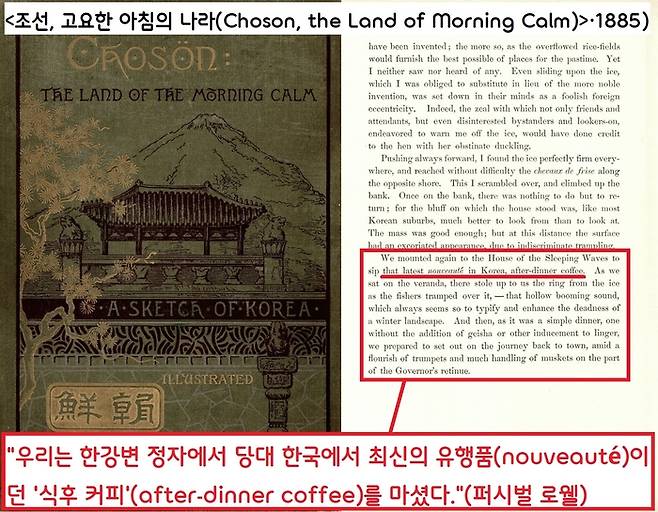 1883년 말 조선을 방문한 미국 천문학자 퍼시벌 로웰은 1884년 1월 한강변에서 경기도 관찰사로부터 식사대접을 받고 당대 조선의 최신 유행인 ‘식사후 커피’를 마셨다고 전했다.|로웰의 <조선, 고요한 아침의 나라>(1885)에서