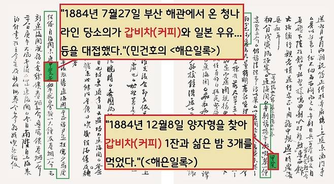 최초로 커피를 마신 조선인은 민건호(1843~1920)라는 자료가 발굴됐다. 부산 해관(세관) 서기였던 민건호는 1884년 7월27일자 일기에서 “청나라 사람인 당소의로부터 갑비차(커피차) 등을 대접받았다”고 기록했다.||부산박물관 소장·국립민속박물관 제공