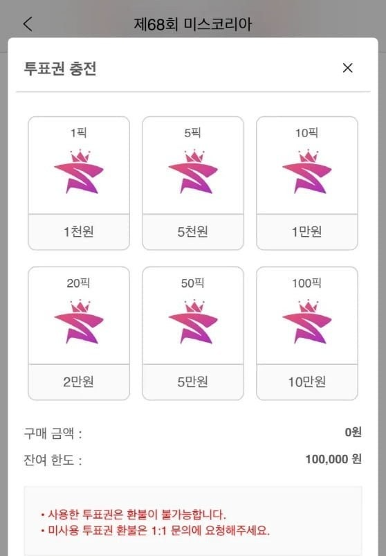 ▲2024 미스코리아 대회에 1장 당 1000원의 유료투표 제도가 도입됐다. ⓒ인터넷커뮤니티 캡처